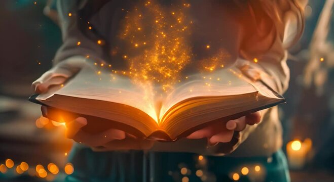 Light coming from book in woman's hands in gesture of giving, offering. Concept of wisdom, religion, reading, imagination