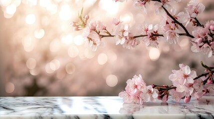 Showcase your products with elegance on a marble stone table top adorned with Sakura blossoms against a blurred bokeh background. Ai Generated