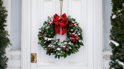 Fototapeta na wymiar Christma wreath hanging on door