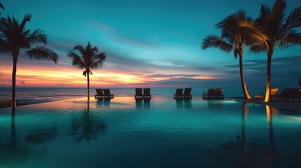 Fototapeta na wymiar Palms chairs encircle an infinity swimming pool near the ocean at sunset, Ai Generated