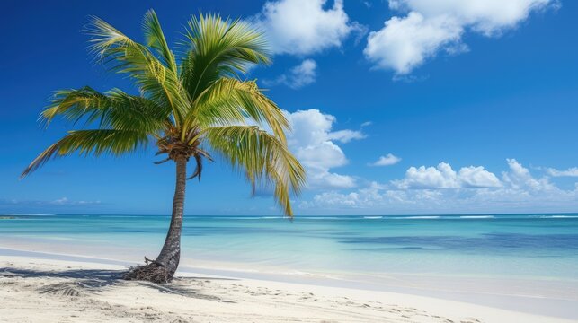A majestic palm tree stands tall on a tropical beach, casting a graceful silhouette against the azure sky, Ai Generated