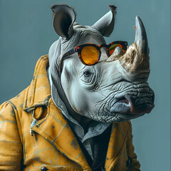 Portrait of a Rhino in Formal Business Suit. Rhinoceros Dressed in Business Suit