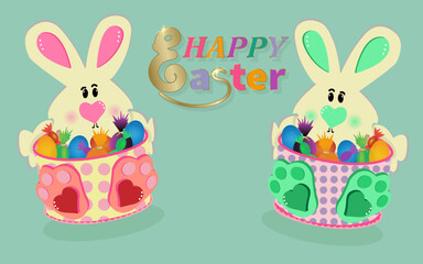 Happy Easter banner. 3D illustration of an Easter bunny, beautiful colored eggs and candies in a basket on a green background. Easter concept. Vector illustration. Two baskets with eggs and sweets. Ea