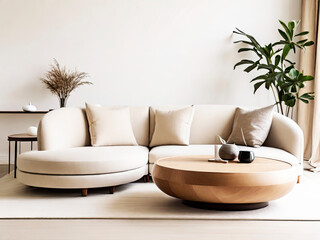 Fototapeta na wymiar Blank Poster Frame mockup on white wall living room, modern interior with plant, tea Table, White sofa