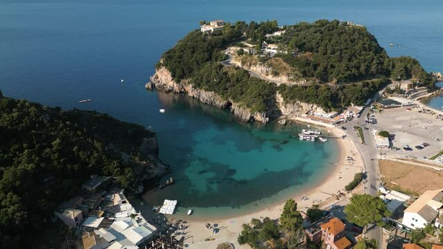 High angle static overview of calm golden sandy bay in Corfu Greece