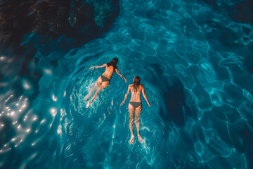 Aerial point of view of two people swimming and enjoying on the sea coast. Summer activities - obrazy, fototapety, plakaty