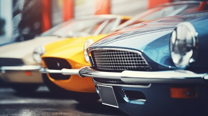 A vibrant lineup of classic muscle cars, boasting lustrous paint and chrome details, symbolizes American automotive history and culture - obrazy, fototapety, plakaty