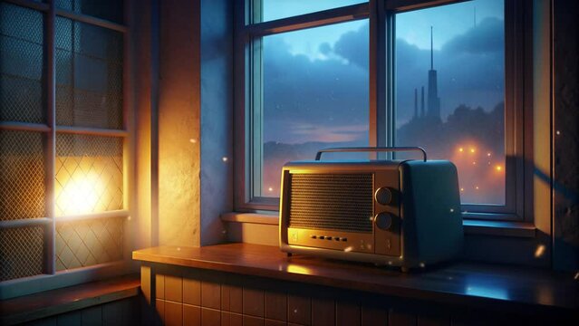 old school radio on a table with a cloudy sky in the background