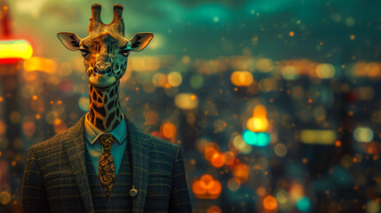 Sophisticated giraffe in a tailored suit, accessorized with a pocket watch chain, against a cityscape backdrop, lit with urban lights, exuding refinement and stature