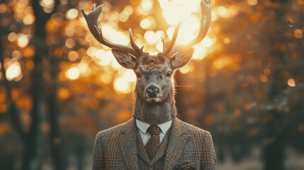 Dapper deer in a tweed suit, accessorized with a pocket square, against a woodland glen backdrop, lit with dappled sunlight, emanating rustic elegance and charm - obrazy, fototapety, plakaty