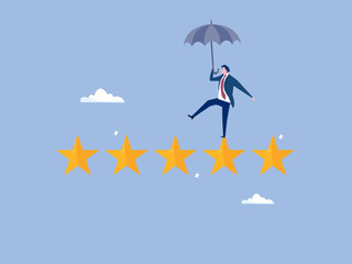 Performance review, annual employee evaluation, appraisal or rating feedback, success five stars employee, excellent feedback opinion concept, businessman balance himself on stars rating evaluation.