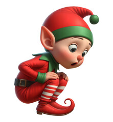 A surprised little Christmas Elf, looking down, isolated on a transparent background