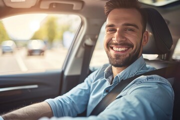 Handsome young man is driving a car and smiling. He is sitting on the steering wheel and looking at camera - obrazy, fototapety, plakaty