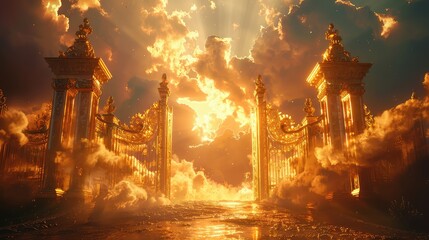 Golden Gates of Eternity, Depict the majestic gates of heaven bathed in golden light, welcoming...