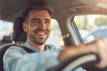 Handsome young man is driving a car and smiling. He is sitting on the steering wheel and looking at camera
