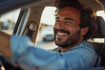 Fototapeta na wymiar Handsome young man is driving a car and smiling. He is sitting on the steering wheel and looking at camera