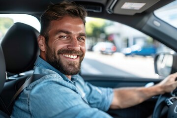Obraz premium Handsome young man is driving a car and smiling. He is sitting on the steering wheel and looking at camera
