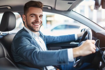 Handsome young man is driving a car and smiling. He is sitting on the steering wheel and looking at camera