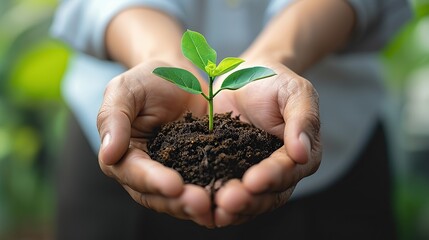 Close-up Plant in hands of business people for teamwork, support or environment Collaborating, growing, and investing in people and the soil for the future.