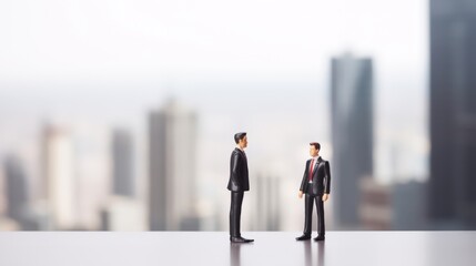 Miniature business men stand in front of neutral background
 - obrazy, fototapety, plakaty