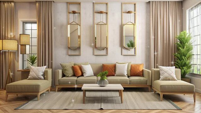 Luxurious living room with beautiful wall decorations and minimalist sofa