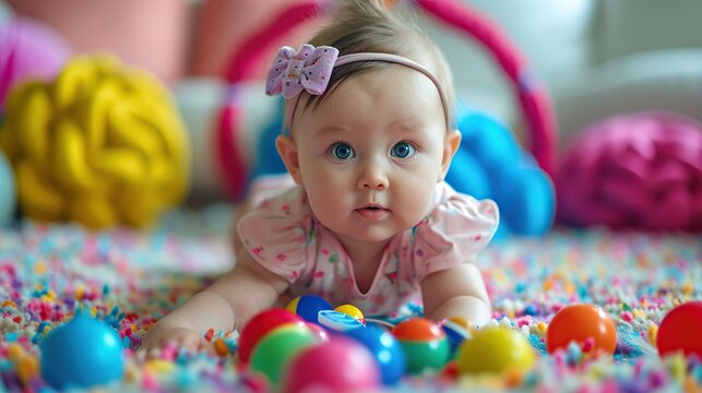 Cute baby girl with toys on color background. copy space for text.
