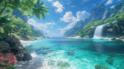 Paradise Found, Depict an idyllic paradise, where lush landscapes meet crystal-clear waters under a perfect sky, inviting viewers to imagine themselves in a blissful utopia - obrazy, fototapety, plakaty