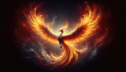 A stunning digital art illustration of a phoenix rising in a blaze of flames, symbolizing rebirth and transformation. - obrazy, fototapety, plakaty