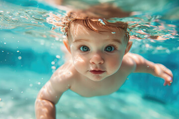 Fototapeta na wymiar a baby swimming underwater in pool
