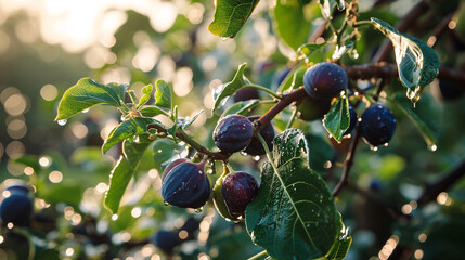 In a tranquil orchard, clusters of plump blueberries adorn a tree branch, each berry glistening with dew drops that sparkle in the soft morning light.