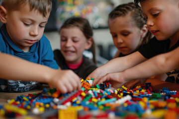 a group of kids playing with Lego together