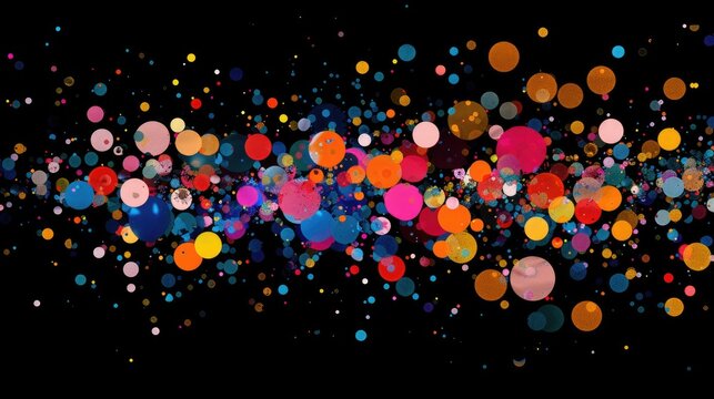 Colorful flying bubbles on isolated black background, texture, pattern. Generative AI