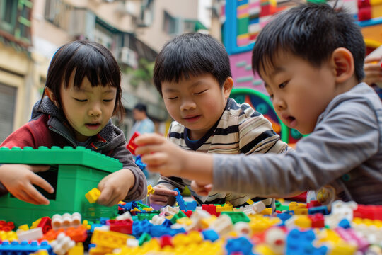a group of kids playing with Lego together
