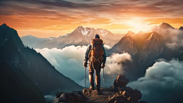 Hikers with misty mountains with transparent sunset light travel concept