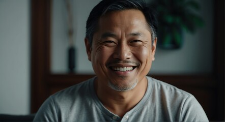 Portrait of handsome mid age single asian man smiling looking at the camera, living room background from Generative AI