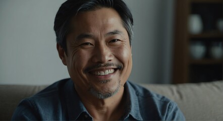 Portrait of handsome mid age single asian man smiling looking at the camera, living room background from Generative AI - obrazy, fototapety, plakaty