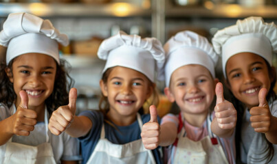 Group of happy diverse kids in kitchen. Positive happy baking and cooking