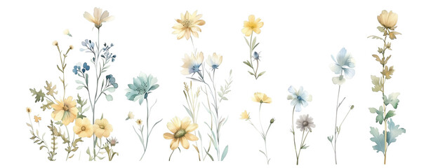 Elegant Botanical Watercolors and Summer Blooms: Artistic Illustrations of Nature’s Pastel Garden with a Set of Wild Flowers Isolated on a Transparent Background