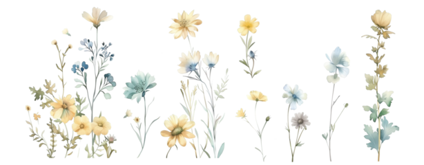 Elegant Botanical Watercolors and Summer Blooms: Artistic Illustrations of Nature’s Pastel Garden with a Set of Wild Flowers Isolated on a Transparent Background