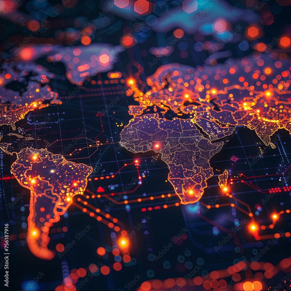 Poster glowing global network connectivity with data points a high-resolution image of the world map highli