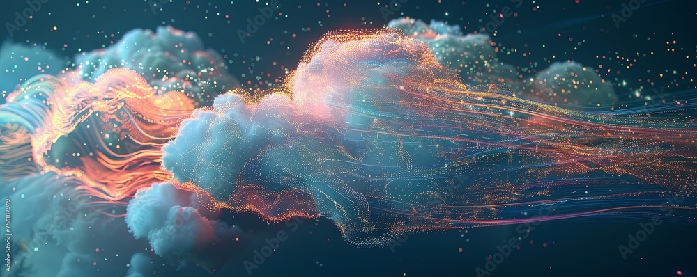 Poster abstract data stream cloud formation in digital space vivid abstract visualization of a cloud made u