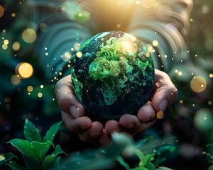 Hands Holding a Luminous Globe Nature Background Human hands cradling a glowing Earth with digital connections in a verdant natural setting.

