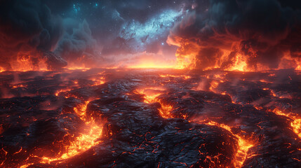 A stark contrast of fiery lava fissures splitting the desolate ground, set against the serene expanse of a star filled galaxy.