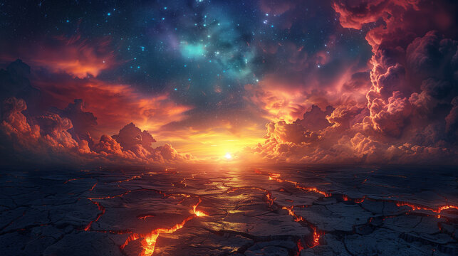 A stark contrast of fiery lava fissures splitting the desolate ground, set against the serene expanse of a star filled galaxy.