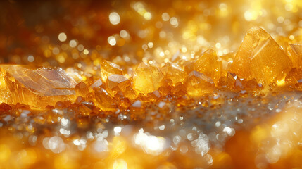 Background with yellow crystals. Yellow glass crystals with reflections of light. Abstract background with bokeh effect. AI generative - obrazy, fototapety, plakaty