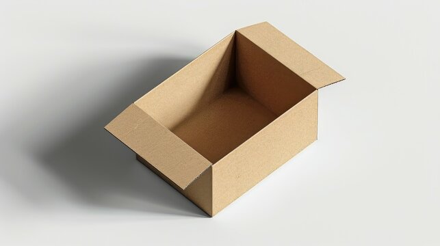 Tilted view of an open cardboard box on a neutral background.