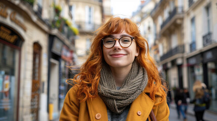 Fototapeta premium A smiling woman with glasses and a mustard scarf stands on a bustling street.