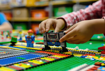 Children's hands build LEGO robots and small structures on the table in a closeup of children playing with Lego robots in class at school - obrazy, fototapety, plakaty