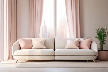 Fototapeta na wymiar White cushions on white sofa against of window. Scandinavian style interior design of modern minimalist living room. Generative AI