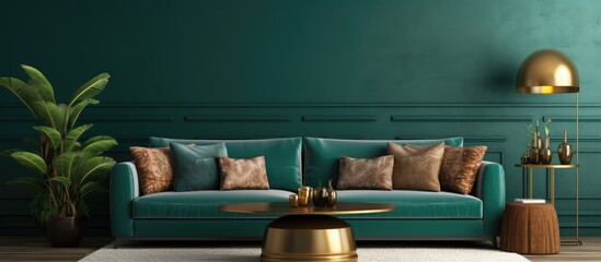 Living room interior with dark green wall mockup background